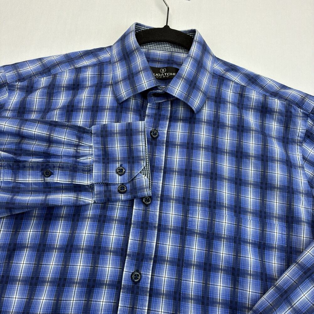 Bugatchi Uomo Dress Shirt Men’s XL Blue Plaid Spread Collar Button Up EUC